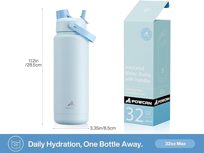 POWCAN 32 oz Insulated Water Bottle with 2-in-1 Straw and Spout Lid, Keep Cold 24H, Leak-Proof, BPA-Free, Double Wall Stainless Steel Water Bottle for Sports, Gym, Travel, and School (Sea Breeze) - Image 5