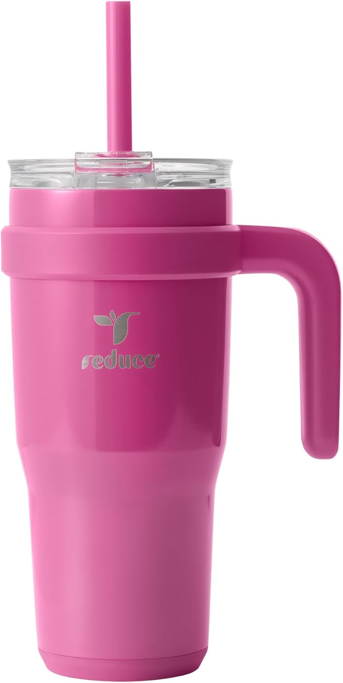 REDUCE 24 oz Stainless Steel Tumbler with Handle - Dual-Wall Vacuum Insulated Travel Mug, Sweat-Proof Lid & Reusable Straw - Keeps Drinks Cold for 24 Hrs, Fits Cupholders, Dishwasher Safe - Sangria by Reduce