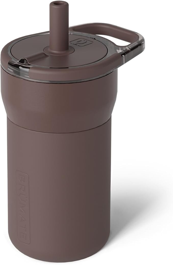 BrüMate Leap 12oz 100% Leakproof Kids Tumbler with Handle & Silicone Soft Straw | Durable Drop Resistant Silicone Sleeve | Made of Insulated Stainless Steel | Cup Holder Friendly | (Java) by Br%C3%BCMate