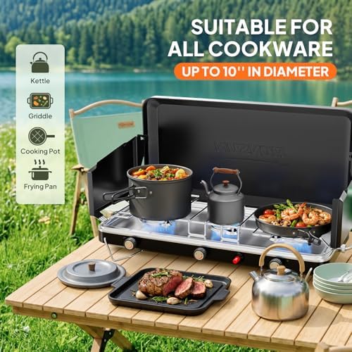 ROVSUN 3 Burner Portable Camping Stove with Igniter, 30000 BTU Propane Camp Stove with Adapter, Built-in Handle & Foldable Wind Panel for Outdoor Camping, Tailgating, Grilling - Image 5