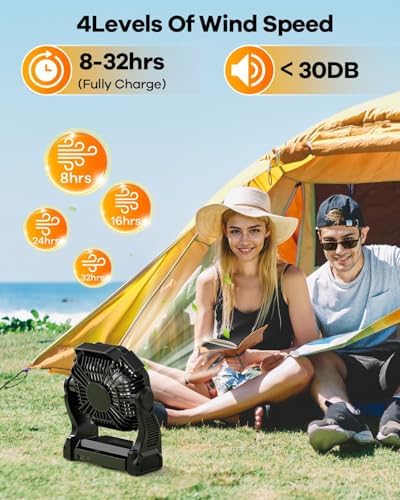 Rechargeable Camping Fan with LED Lantern,Portable Battery Powered Outdoor Fan for Bedroom,Camping,Travel,Hiking,Beach,Office,Trave Accessories(Black) - Image 4