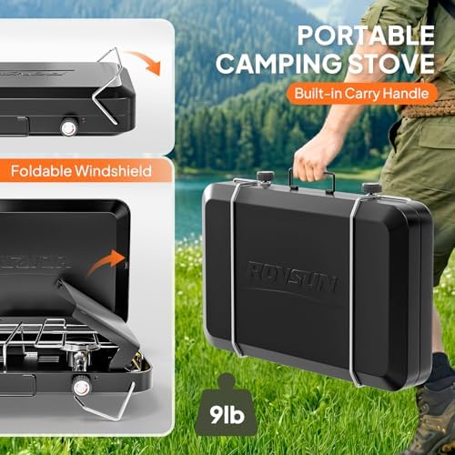 ROVSUN 2 Burner Portable Camping Stove with Adapter, 20000 BTU Tabletop Propane Camp Stove with Built-in Handle & Foldable Wind Panel for Outdoor Camping, Tailgating, Grilling - Image 4
