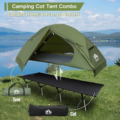 Night Cat Camping Cot Tent - Waterproof 1-Person Off-Ground Combo Cot Bed for Adults Portable Easy Set-up Tent Green 27.5'' Width - Image 2