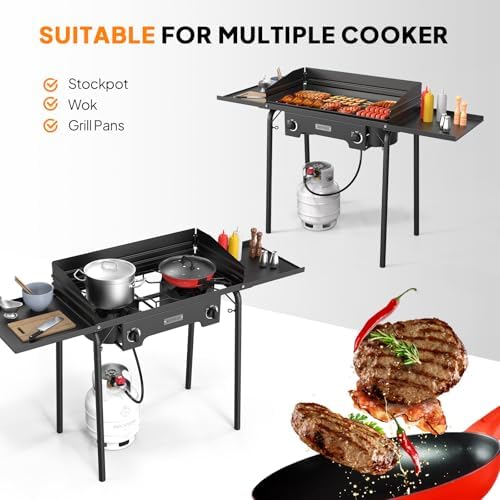 ROVSUN 2 Burner Outdoor Propane Gas Stove with Regulator, Windpanel, Bag & Side Shelves, 150,000 BTU Powerful Stand Cooker for Backyard Cooking Camping Home Brewing Canning Turkey Frying - Image 3