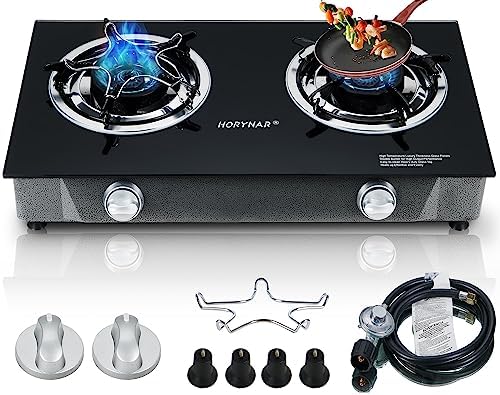 Horynar Propane Stove 2 Burner Gas Stove Auto Ignition 26000 BTU Tempered Glass Propane Burner LPG with CSA Hose for Outdoor Cooking, Emergency by Horynar
