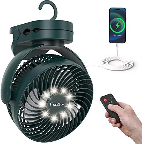 Camping Fan with Remote Control - 12000mAh Rechargeable Battery Powered Fan, Camping Fans for Tents with LED light & Hanging Hook, Rechargeable Battery Operated Ceiling Fans for Tent RV Bed, Green by Coolice