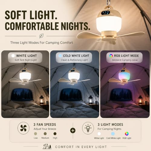 Portable Hanging Tent Fan with Light & Remote, Rechargeable Camping Fan - Image 4