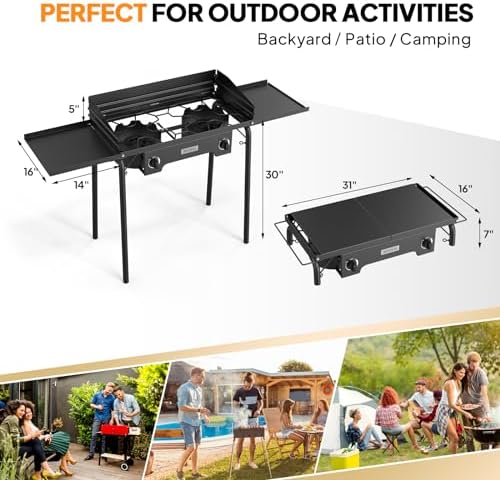 ROVSUN 2 Burner Gas Stove with Side Shelves, 150,000 BTU Portable Propane Stove with Removable Legs, Wind Panels & Regulator for Camping Home Backyard Cooking Brewing Canning Turkey Frying - Image 6