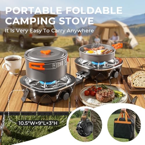 20000 BTU Propane Camping Stove with Cookware Set & Carry Bag Black - Image 3