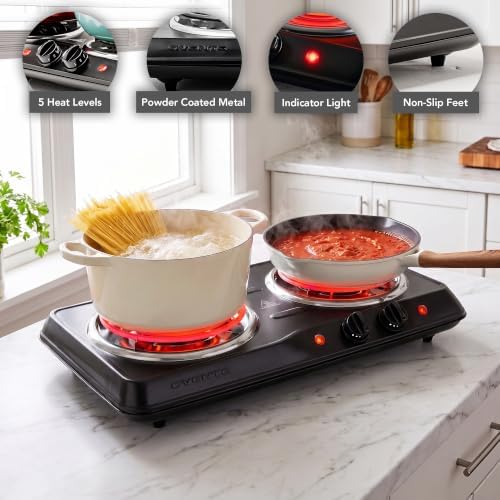 OVENTE Electric Double Burner, 1700W Coil Hot Plate, Black BGC102B - Image 2