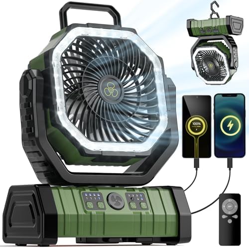 Camping Fan - 20000mAh Battery Powered Fan Rechargeable with LED Lantern - Portable Outdoor Tent Fans with Hanging Hook 4 Speeds Wind Remote Control, Green by VOSFEEL