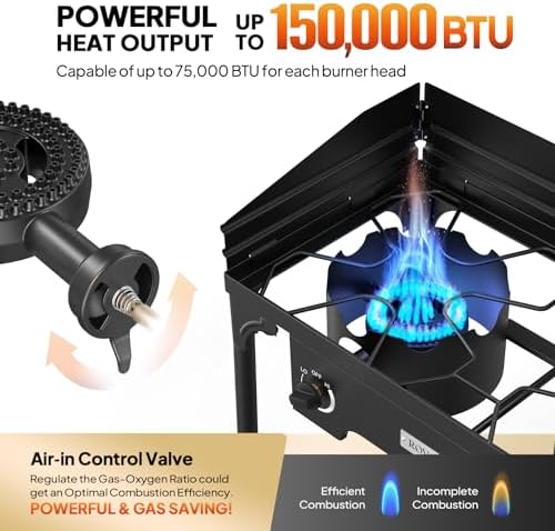ROVSUN 2 Burner Outdoor Propane Gas Stove with Regulator, Windpanel & Carrying Bag, 150,000 BTU Powerful Stand Cooker for Backyard Cooking Camping Home Brewing Canning Turkey Frying - Image 2
