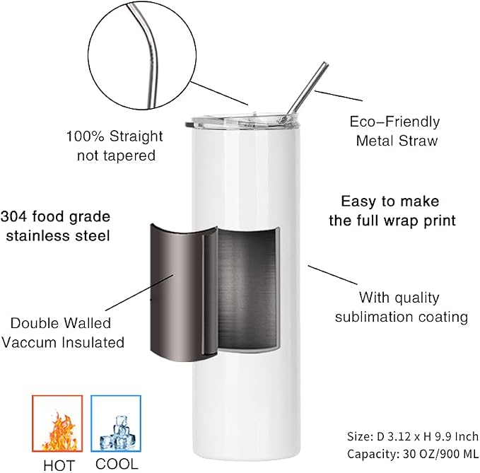 PYD Life Sublimation Blanks Tumbler Skinny 30 OZ Straight Stainless Steel Coffee Cups Mugs with Lid and Metal Straw for Tumbler Press Machine Heat Transfer 4 Pack - Image 2