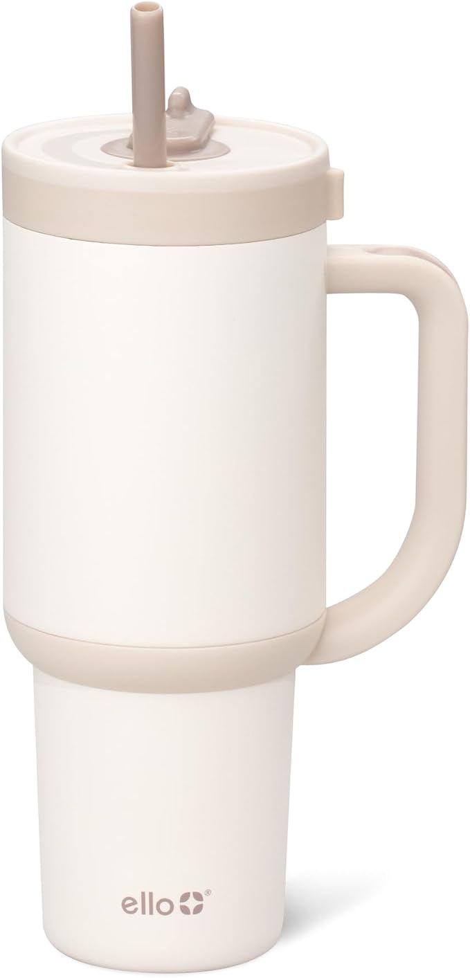 Ello Oasis 30 oz Tumbler with Handle & Retracting Straw | Reusable Insulated Stainless Steel Cup 100% Leakproof, Gifts for Teens Women Men | Keeps cold for 24 Hours, Cup Holder Friendly, Cream Tonal by Ello