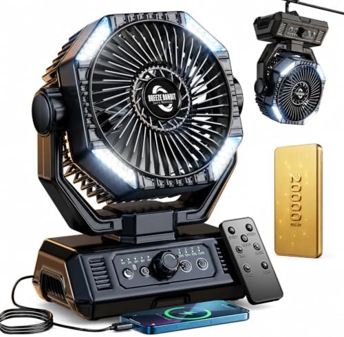 Rechargeable Camping Fan with 20000mAh Battery, 8-Speed Stepless Control, Remote, Auto Oscillating, Dual LED Light & Timer, Hanging Hook for Tent, Beach, Power Outage by Unknown