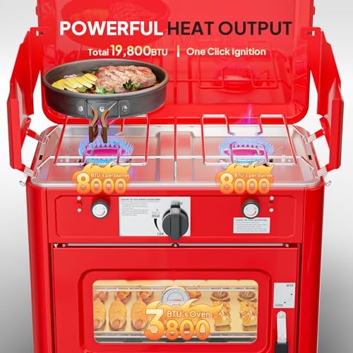 ROVSUN 2-in-1 Portable Camping Stove & Propane Oven with Piezo Igniter, 2 Burner Stove & Outdoor Oven with Adjustable Fire, Thermometer, Wind Panel & Regulator for Traveling, Tailgating (Red) - Image 2