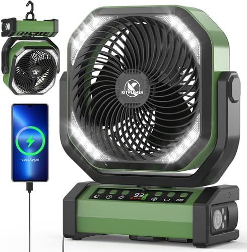 Camping Fan with Light - 20000mAh Rechargeable Battery Fan, 112Hrs Max Run Time, 8 Speeds, Digital Display, Timer, Auto Oscillation, 270° Pivot & Hook for Camping, Power Outage, Hurricane (Army Green) by KITWLEMEN
