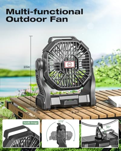AEscod Portable Camping Fan, Rechargeable Battery Operated with LED Lights, Hanging Hook, 270°Rotation, Battery Powered Fan for Beach, Office, Picnic, Fishing, Travel, Tent - Image 2