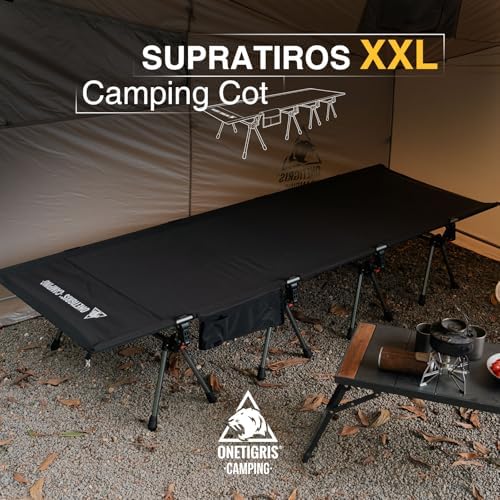 ONETIGRIS SUPRATIROS Extra Large Camping Cot, Height Adjustable Oversized Sleeping Cot with Extending Legs for Camping, Car Trips, Truck, Beach, Office Nap, Sturdy Supports Up to 400lbs (Black) - Image 2