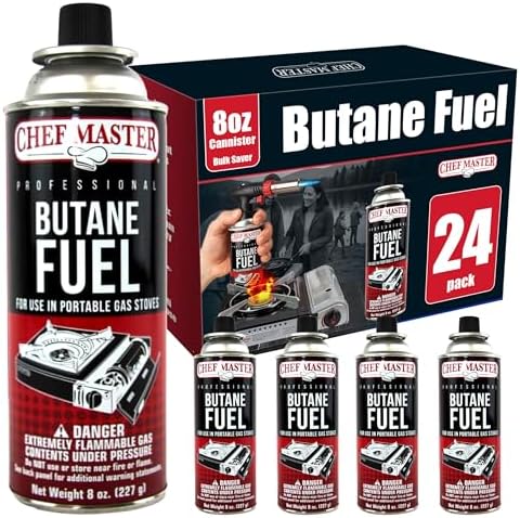 Chef Master Butane Fuel Canister, Camp Stove & Torch Refill, 8 oz, 24-Pack by ChefMasterProfessional