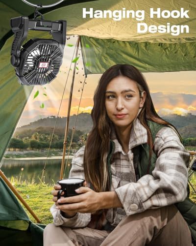 AEscod Portable Camping Fan, Rechargeable Battery Operated with LED Lights, Hanging Hook, 270°Rotation, Battery Powered Fan for Beach, Office, Picnic, Fishing, Travel, Tent - Image 4