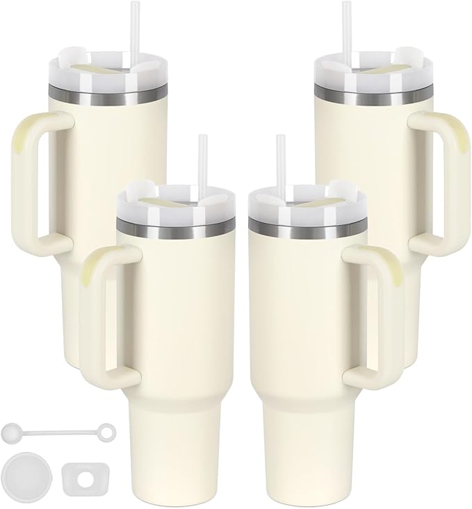 4 Pack 40 Oz Tumbler with Handle Bulk, Double Wall Vacuum Insulated Stainless Steel Tumbler with Lid and Straw, 40 oz cup with Silicone Spill Proof Stopper Set (Cream) by Temolulu