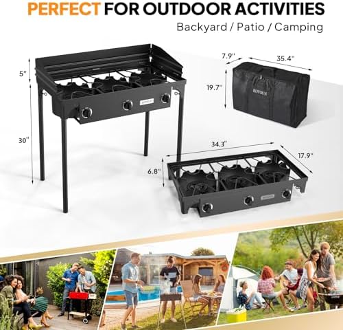 ROVSUN 3 Burner Propane Gas Stove with Carrying Bag, 225,000 BTU Patio Outdoor Camping Burner with Wind Panel & CSA Listed Regulator, Picnic Cooker for Home Patio Cooking Brewing Turkey Frying Canning - Image 6