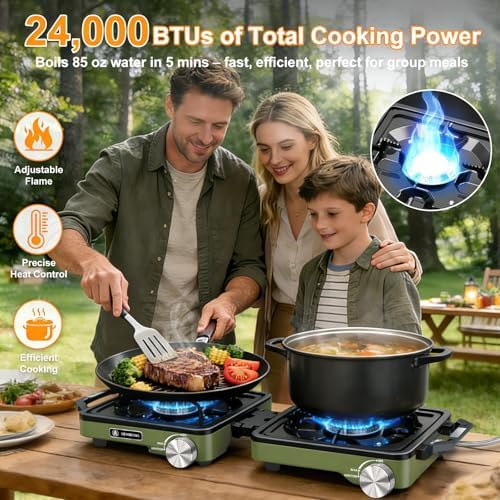 2-Burner Pro Camping Stove,24000 BTU Camp Stove,Foldable Propane Stove Includes Carry Bag,Windscreen Griddle, Portable Stove,Camping Essentials,Suitable For Outdoor Cooking,Tailgating,Grilling (Green) - Image 4