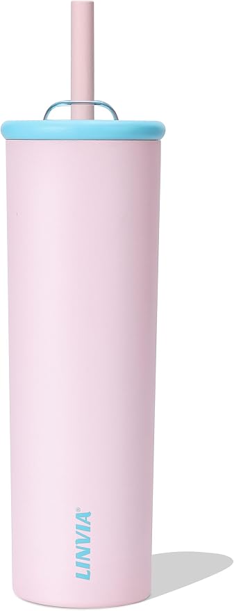 Candy Tumbler, 25 oz Insulated Stainless Steel Water Bottle, 2-in-1 Lid with Flexible Straw, BPA-Free, Cup Holder Friendly, Dishwasher Safe, Pastel Pink by LINVIA