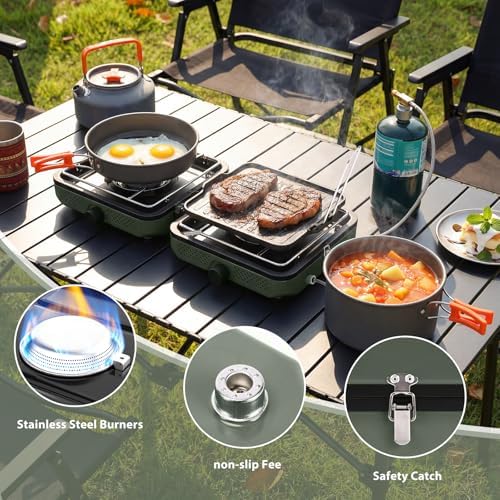 Hisencn Camping Stove 2 Burner Foldable Propane Camping Stove with Cookware - Image 4