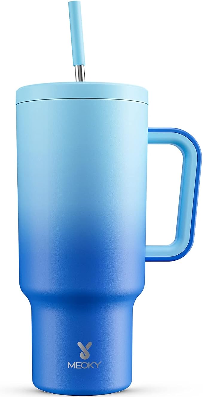 Meoky 40oz Tumbler with Handle, Leak-proof Lid and Straw, Insulated Coffee Mug Stainless Steel Travel Mug, Keeps Cold for 34 Hours or Hot for 10 Hours (Sky) by MEOKY
