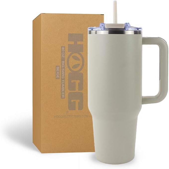 Hogg Big Swig 40 oz Tumbler with Handle and Straw - Beige, 40oz Insulated Stainless Steel, Water Tumbler with Straw, Water Cup with Handle, Versatile Leak Proof Lid by HoggOutfitters