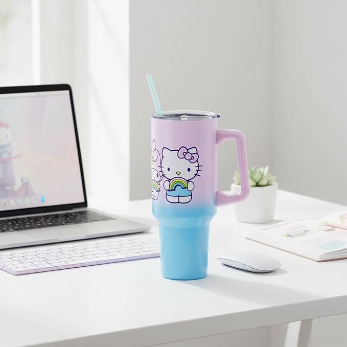 Silver Buffalo Sanrio Hello Kitty and Friends Featuring My Melody, Kuromi, Pompompurin Rainbow Ombre Double Walled Stainless Steel Tumbler with Handle and Straw, Fits in Standard Cup Holder, 40 Ounces - Image 8