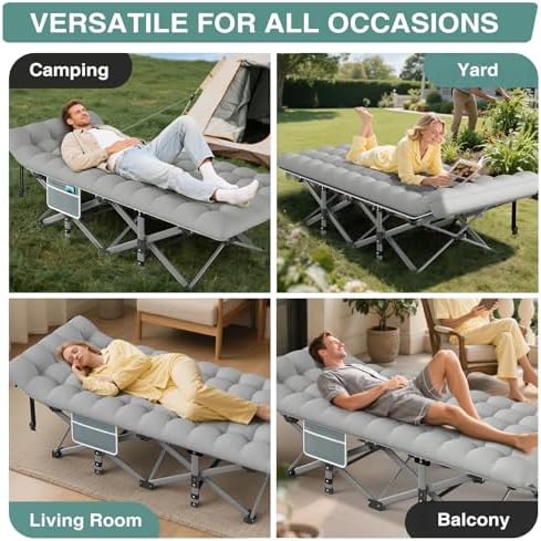 ZENPETIO Camping Cot for Adults - Heavy-Duty Cot Bed with Mattress, Portable Sleeping Cots for Outdoor Indoor, 1200D Oxford Folding Cots for Home Travel, Max Load 500LBS, Fits People up to 6'3", Gray - Image 6