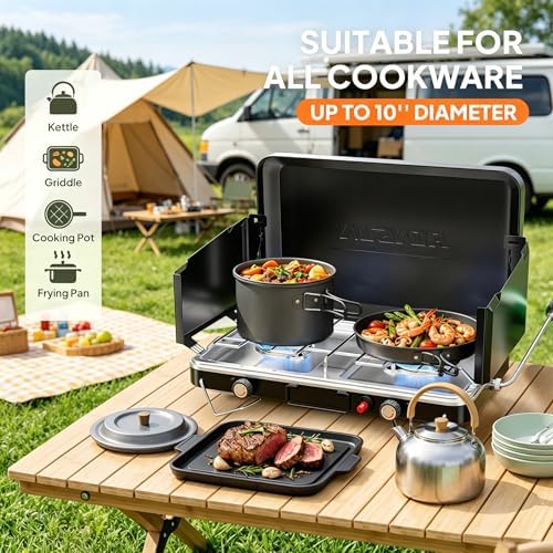 ROVSUN 20000 BTU Propane Camping Stove with Igniter, 2 Burner Portable Camp Stove with Adapter, Built-in Handle & Foldable Wind Panel for Outdoor Camping, Tailgating, Grilling - Image 2