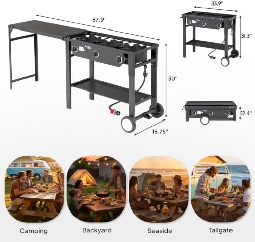 ROVSUN 3 Burner Outdoor Propane Gas Stove with Foldable Side Table & Ignition, 225,000 BTU Stand Cooker for Backyard Cooking Camping Home Brewing Canning Turkey Frying - Image 6