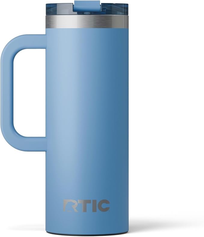 RTIC 20oz Road Trip Travel Mug with Lid and Handle, Insulated, Stainless Steel, Metal, Double Wall Vacuum-Insulation, Ceramic Lined, Portable Coffee, Tea Cup for Hot and Cold Drink, Denim by RTIC
