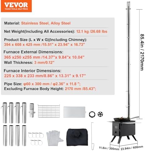 VEVOR Camping Wood Stove Alloy Steel Camping Tent Stove, Portable Wood Burning Stove with Chimney Pipes & Gloves, 1400in³Firebox Hot Tent Stove for Outdoor Cooking and Heating with 8 Pipes - Image 7