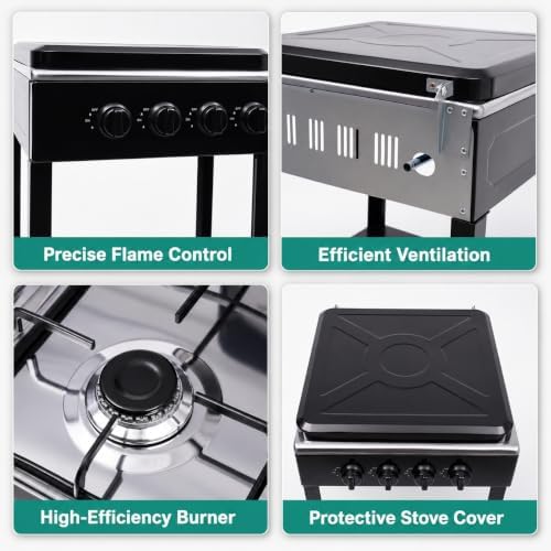 4 Burner Gas Stove Portable Outdoor Stove with Removable Storage Stand, Heavy Duty Stainless Steel Propane Gas Cooker with Wind Blocking Cover for Camping Picnic Home RV Cooking (no hose) - Image 4