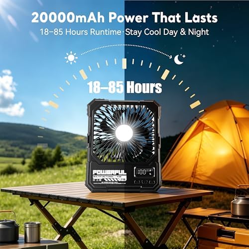 Portable Fan, Camping Fan, 20000mAh 6-Inch 18-85H Rechargeable Ultra Thin Foldable with Built-in Power Bank, LED Light, Remote Control, Hook for Outdoor Camping Tent RV Travel (Khaki) - Image 3