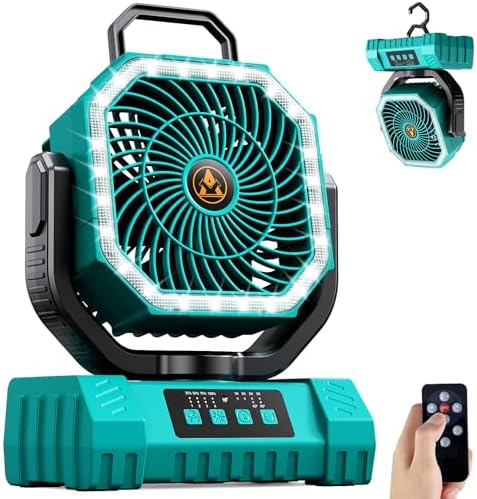 Camping Fan Rechargeable - 20000mAh Portable Cordless Battery Powered Fans with LED Lantern, Remote Auto Oscillating Table Fan Battery Operated Tent Fan for Travel Outdoor Fishing Bedroom Home (Blue) by Unknown