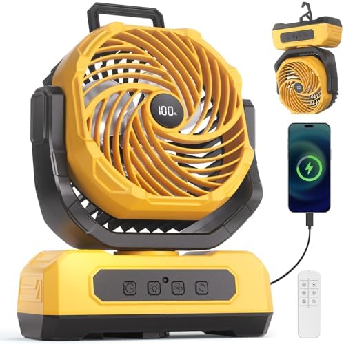 30000mAh Portable Camping Fan with RGB Lantern, Rechargeable Battery Powered Oscillating 4 Wind Speeds LED Display, Remote Control Timer Tent Beach Cordless USB Fans for Travel Home Outdoor, Yellow by VOSFEEL