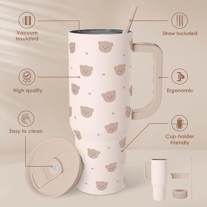 SANDJEST Bear Tumbler with Handle, Insulated Cup Stainless Steel Travel Mug Cup, Gifts for Women Girl, 40oz - Image 2