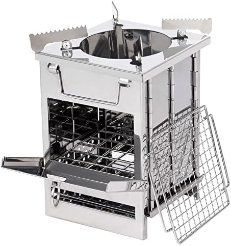 REDCAMP Wood Burning Folding Camp Stove Stainless Steel Grid and Pot Stand, Portable Collapsible Backpacking Stove Survival Rocket Stove for Hiking Outdoor Tent Camping Picnic, Samll with Pot Stand by REDCAMP