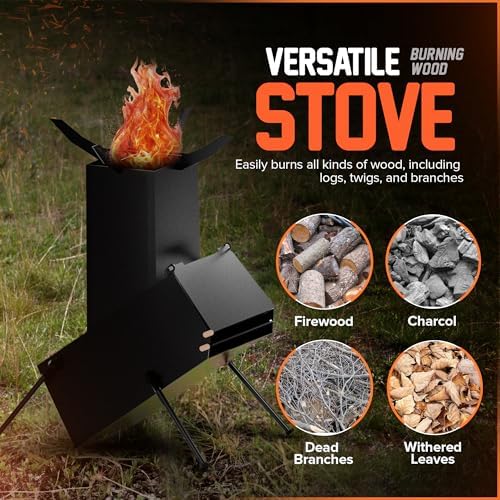 Rocket Stove for Camping Heavy Duty Wood Burning Stove with Adjustable Legs, Portable Wood Burning Fire Camping Stove, Cooking Camping Grilling Outdoor Backyard BBQ Stove with Storage Bag, Rod, Gloves - Image 3