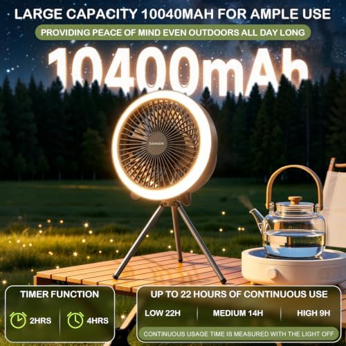 SAMUUN Camping Fan with Light, 10400mAh Remote Control & Color Changing LED for Tent, Car Camping Essentials, Desktop Use - Portable Fan for Campers, Outdoor Enthusiasts - Image 5