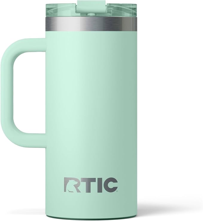RTIC 16oz Road Trip Travel Mug with Lid and Handle, Ceramic Lined, Insulated, Stainless Steel, Metal, Double Wall Vacuum-Insulation, Portable Coffee, Tea Cup for Hot and Cold Drink, Fresh Mint by RTIC