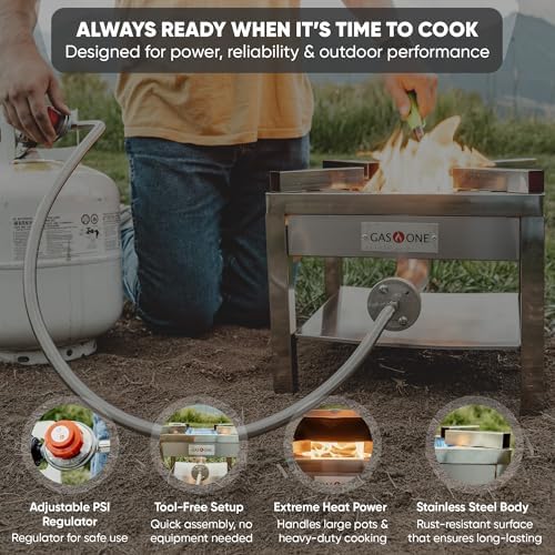 GasOne Stainless Steel Propane Burner Cooker With Regulator with Steel Braided Hose For Outdoor Cooking, Turkey Fry - Image 5