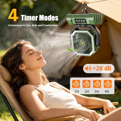 Camping Fan Rechargeable - 20000mAh Cordless Battery Powered Portable Fan with LED Lantern, Remote Auto Oscillating Wireless Fan USB Rechargeable Tent Fan for Travel Outdoor Cooling Car Home (Green) - Image 5