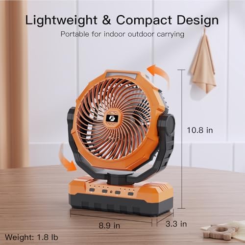 FRIZCOL 3-in-1 Camping Fan - Portable Fans Rechargeable - 36000mAh Detachable Battery Powered Fan with Light & Remote for Indoor Outdoor, Tent, Travel, Fishing, Jobsite, Gifts for Men Dad Him - Orange - Image 6
